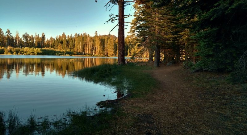 Manzanita Lake glimmers to the left of the Manzanita Lake Loop on a summer evening.