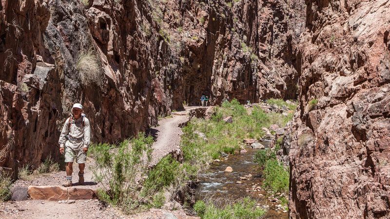 Red canyon walls tower on both sides as you travel along the narrow trail.