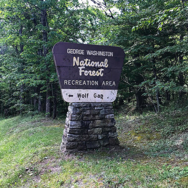 This sign for George Washington National Forest Wolf Gap Recreation Area marks the entrance.