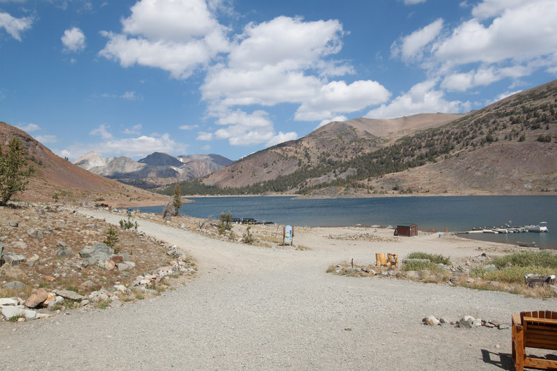 The trail passes right by the Saddlebag Lake Boat Ferry pick up.