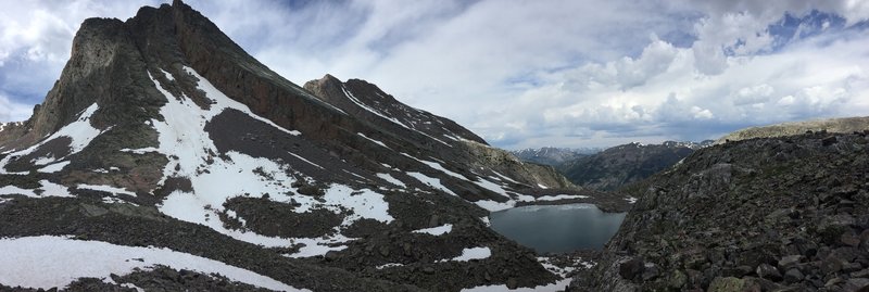 Arrow and Vestal Peaks tower above Vestal Lake.