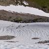 Mountain goats hang out on the snowpack near Skyscraper Pass. An ice axe is recommended in the early season.