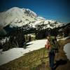 A backpacker heads across Sourdough Ridge toward the Northern Loop.