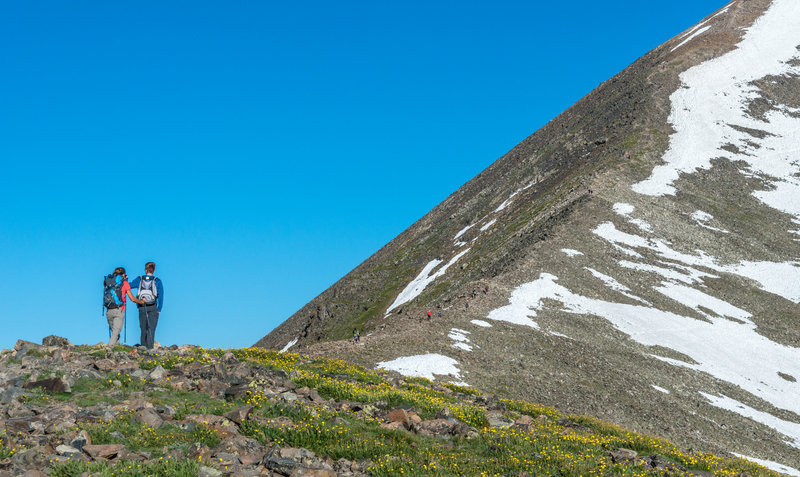 A couple takes a nice rest among the wildflowers before the final ascent to Quandary Peak.