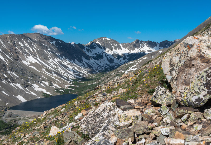 Upper Blue Lake and the spillway sit peacefully below the Continental Divide.