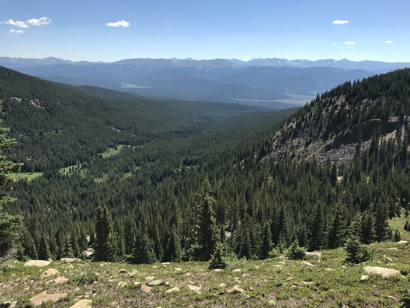 View looking east toward Tennessee Pass from the high point (11,700 ft) on CT segment 9 just above treeline.