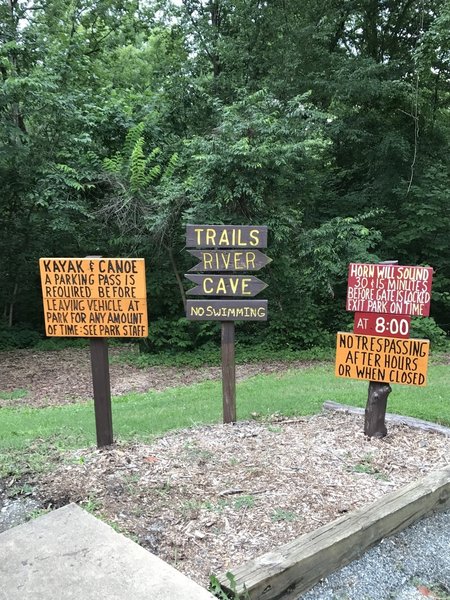 Signs at trailhead for kayak and canoes.