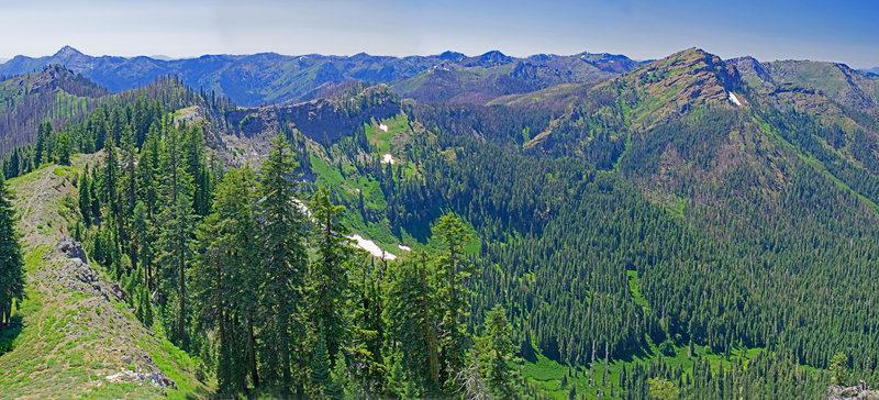 From Marble Mt.: Rim trail visible below continues at are near the top of the rim to near the center of the picture. Meadow below is reach via the Marble Gap Trail.