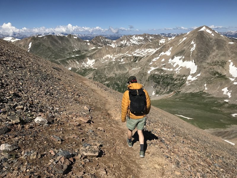 Beginning the descent from Bross with a nice view of Democrat in the background. The descent is nice and firm near the top, only becoming loose granite gravel toward the bottom.