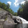 Harper Creek Falls dropping into one of the many great swimming holes along this trail.