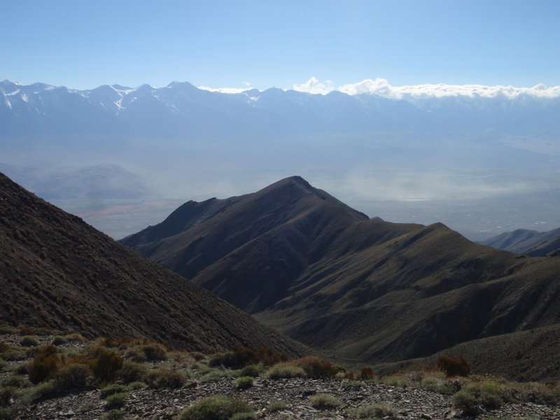 View west from just below Forgotten Pass. Sierra Nevada across Owens Valley.