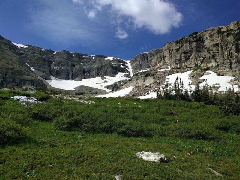 Looking up toward Gibraltar Lake and the smaller St Vrain Glaciers