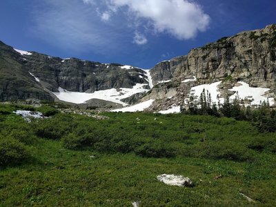 Looking up toward Gibraltar Lake and the smaller St Vrain Glaciers