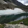 Icy lake at the end of the trail. From here make a scramble to the larger glaciers up valley.