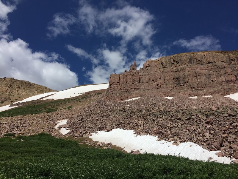 A view of a pair of interesting pinnacles from the trail that leads from Gunsight Pass through Painter Basin towards Anderson Pass