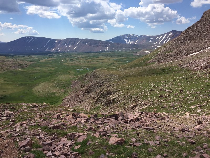 A view into Painter Basin from near Gunsight Pass.