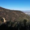 Rosewood Trail as seen from Los Robles trail. The dirt road crossed by Los Robles Trail is shown at the bottom left.