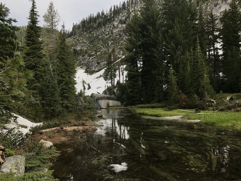 Outlet of Little Lake (L Lake) above Upper Canyon Creek Lake in Trinity Alps Wilderness