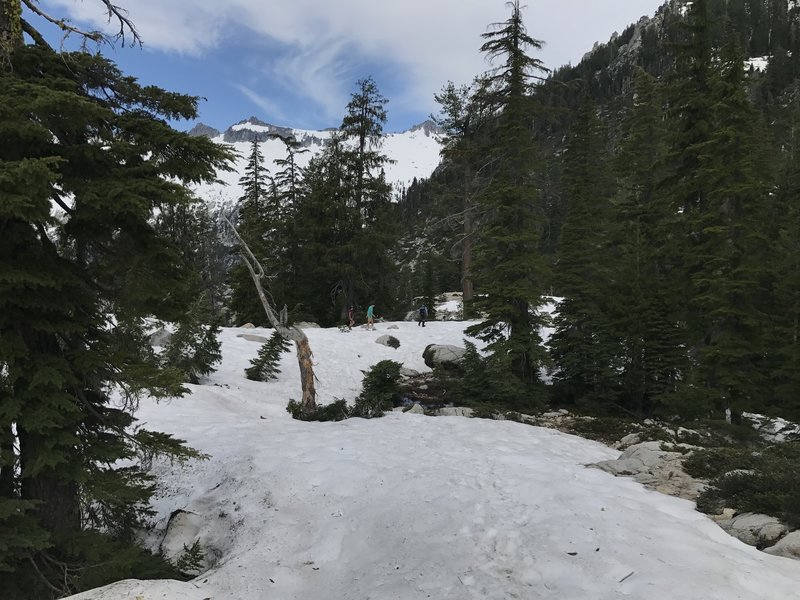 Cross-country travel on snowbanks on Little Lake (L Lake) Trail in Trinity Alps Wilderness.