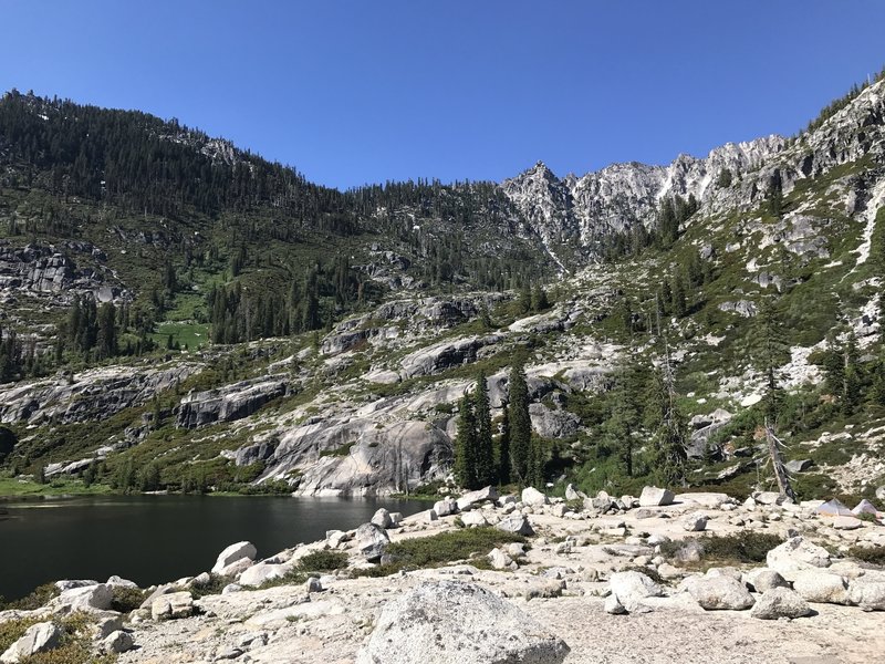 Looking toward Kalmis Pass and Little Lake (L Lake) Trail above Upper Canyon Creek Lake in Trinity Alps Wilderness