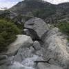 Crossing Upper Canyon Creek Lake outlet in Trinity Alps Wilderness