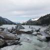 Crossing Upper Canyon Creek Lake outlet in Trinity Alps Wilderness