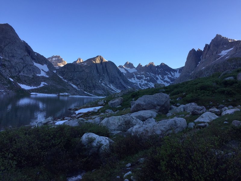 Upper Titcomb Basin, with the Upper Titcomb Lake to the left and Bonney Pass can also be seen, in the distance on the right (Late July, 2017)
