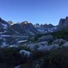 Upper Titcomb Basin, with the Upper Titcomb Lake to the left and Bonney Pass can also be seen, in the distance on the right (Late July, 2017)