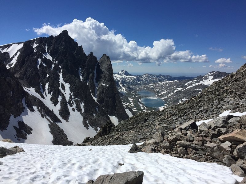 Mount Helen (front left) and Titcomb Basin and lakes from Bonney Pass