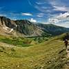 Leaving the Jasper Creek drainage for the Continental Divide on a sunny morning.