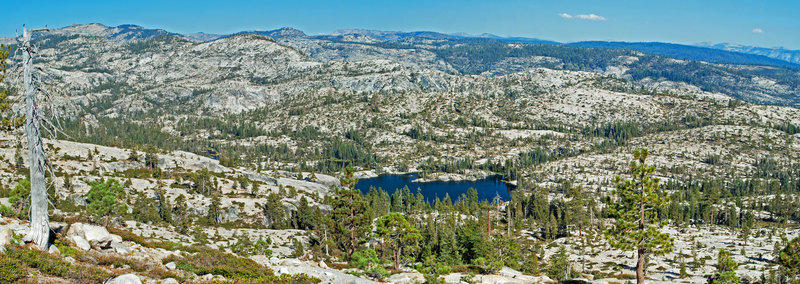 Flora Lake from below Kibbie Mountain. Hike down the smooth granite to the lake, and then hike up the shallow canyon that goes across the left side of the picture towards Nance Peak.