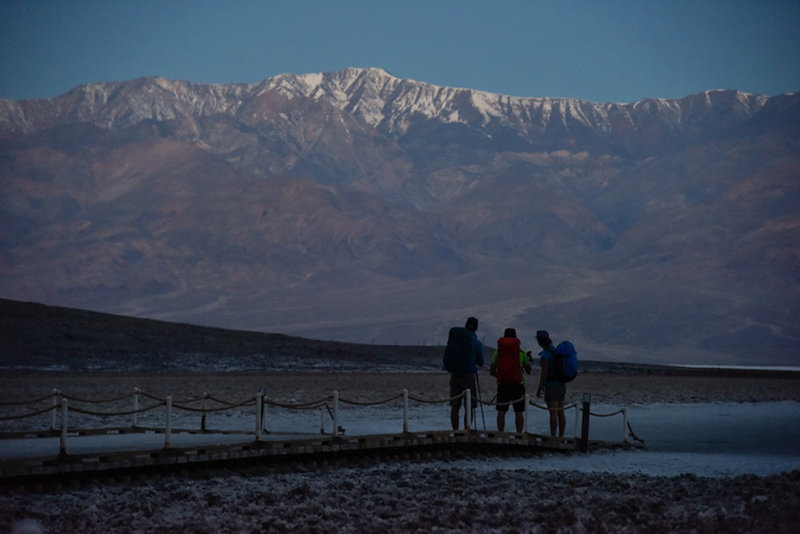 Early morning Badwater Basin start with Telescope Peak, our destination, up high in the snow.