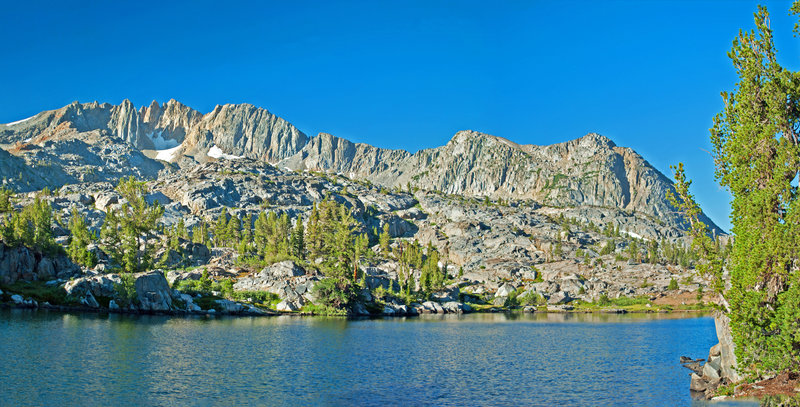 Upper Stella Lake, looking towards Forsyth Peak with its permanent snow fields. Great camping on the far shore.