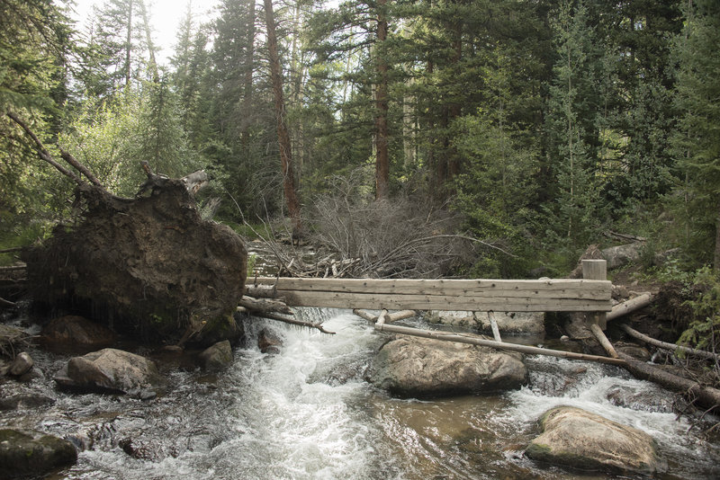 Photo from August 11, 2017, showing the foot bridge over Slate Creek on the Gore Trail overturned by a fallen tree. It is still possible to use it. Just requires expert balance or a bit of shimmy scoot.