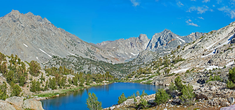 Looking east from gap leading to Sixty Lakes Basin. Dragon Peak is in the center on the far ridge. Black Mtn, 13290 ft., is on the left side