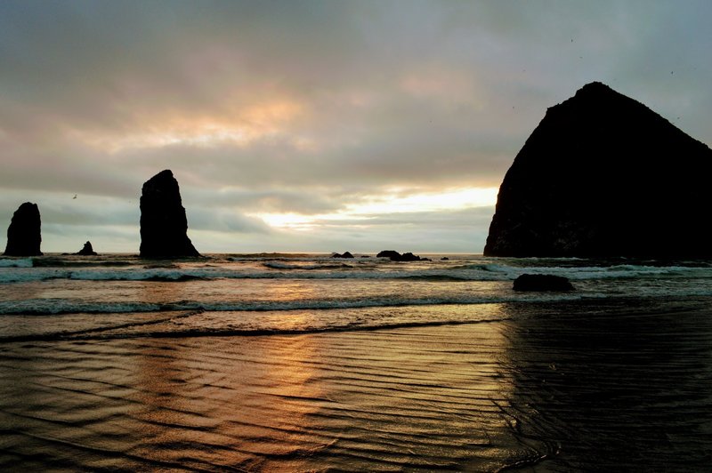 Haystack Rock at sunset.