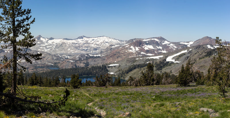 Green meadows and Gilmore Lake in front of Mount Price.