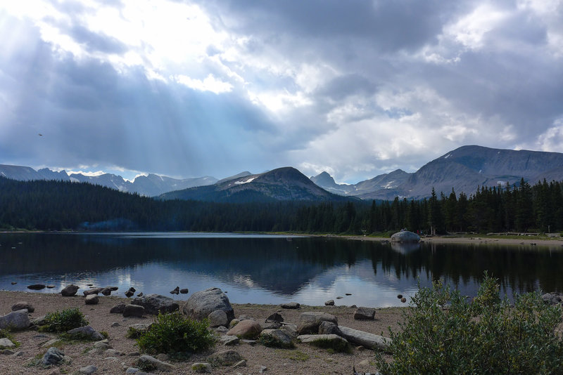 A view of Brainard Lake and the amazing peaks littered with 5 star trails.