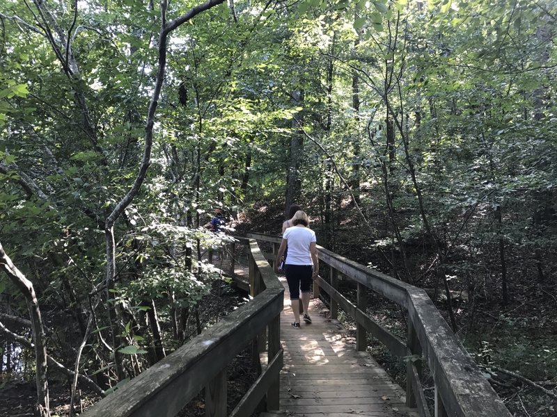 Crossing one of several wooden bridges around Lake Haigler.