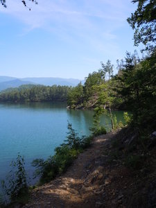 Tsali Left Loop Trail along Fontana Lake/Mouse Branch, Smokey Mountain National Park in the background.