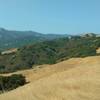 In the distance, Santa Cruz Mountains - Loma Prieta (left) and Mt. Umunhum (right), looking west-southwest from Bald Peaks Trail, on a sunny summer day.