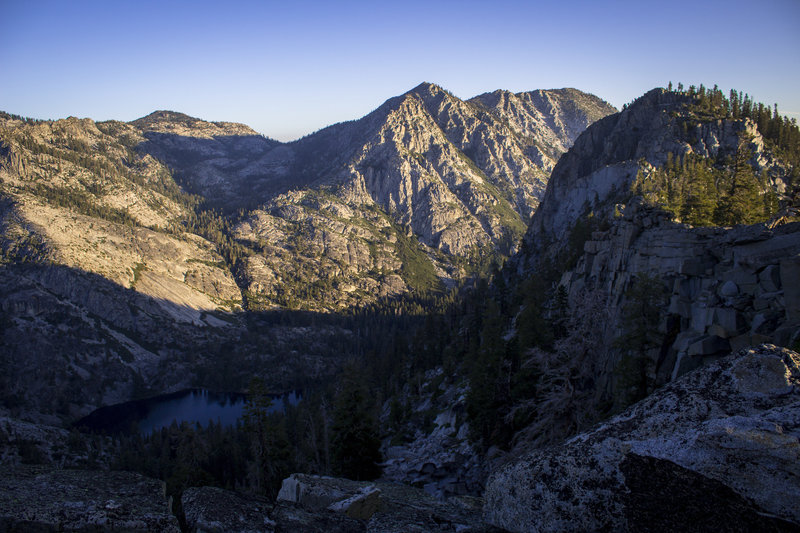 Eagle Lake and surrounding peaks taken during the early morning. From Granite Lake Trail in Lake Tahoe.