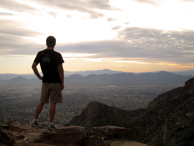 Hiker and Tucson from Pusch Ridge Wilderness Finger Rock Canyon
