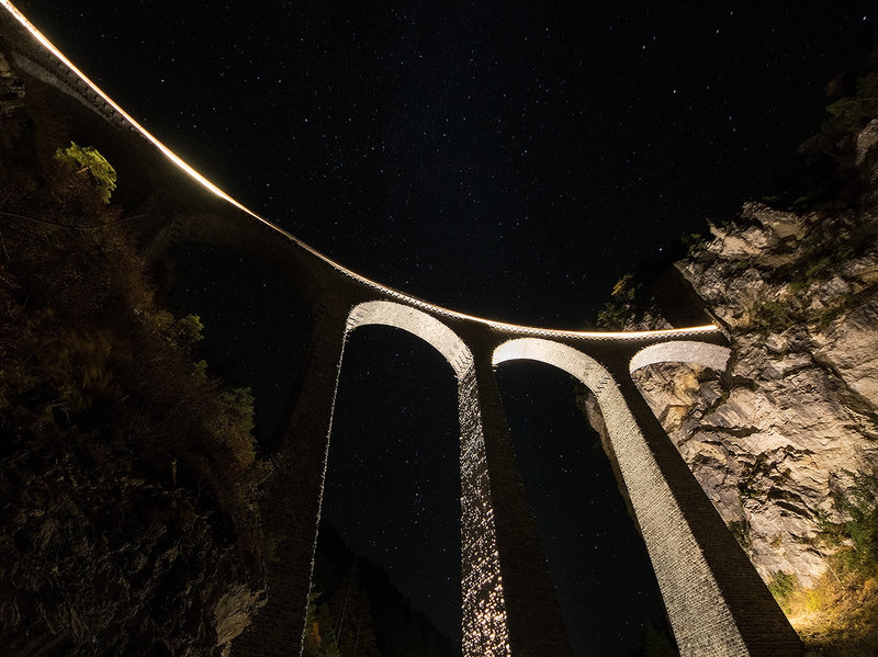 Landwasser viaduct at night.