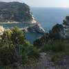 Looking down to Medieval Church at the entrance to Porto Venere. The trail drops steeply down sometimes slippery steps.