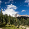 The cloudy summit of Mount Shasta.