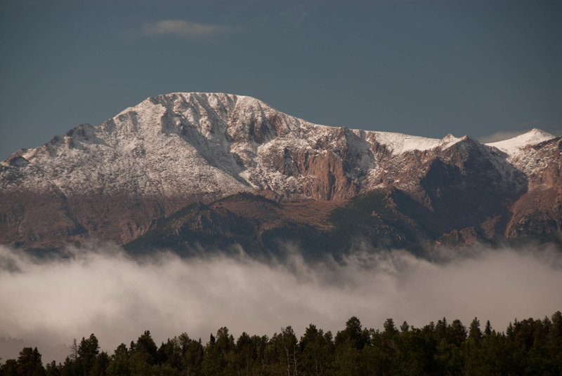 Fresh snow on Pikes Peak and an inversion from Rampart Range Road