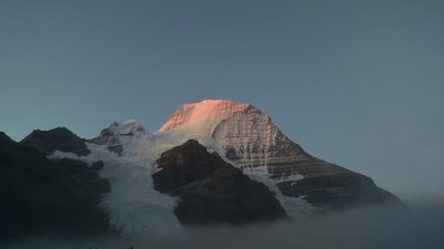 Early morning alpenglow on Mt. Robson, on a rare, perfectly clear morning.