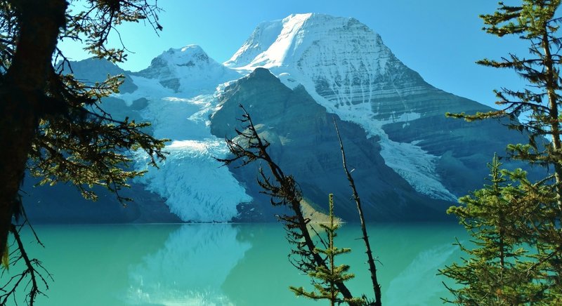 Mt. Robson (12,972 ft., highest in Canadian Rockies) across Berg Lake, with Berg Glacier (left) and Mist Glacier (right), from the Berg lake Trail
