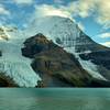 Mt. Robson, highest in the Canadian Rockies at 12,972, with Berg Glacier (left), Mist Glacier (right), and Berg Lake